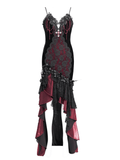 Gothic High-Low Velvet Dress with Lace Trim and Cross Charm