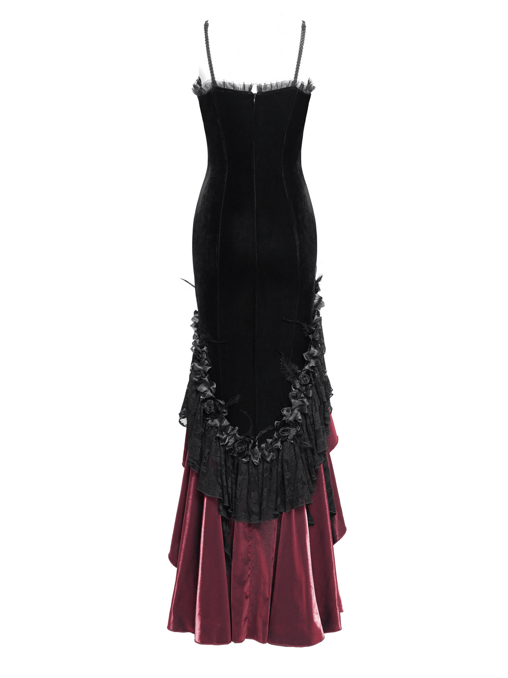 Gothic High-Low Velvet Dress with Lace Trim and Cross Charm