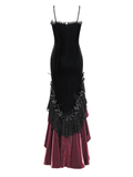 Gothic High-Low Velvet Dress with Lace Trim and Cross Charm