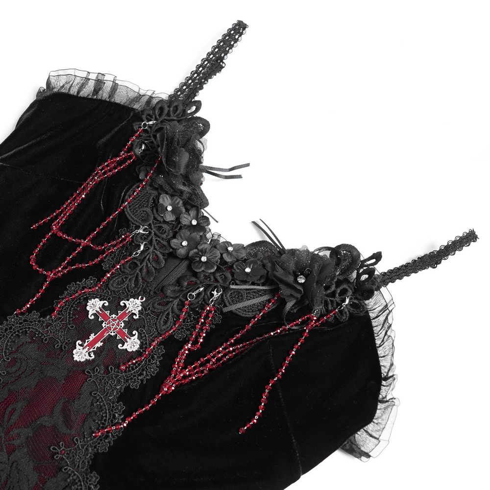 Gothic High-Low Velvet Dress with Lace Trim and Cross Charm