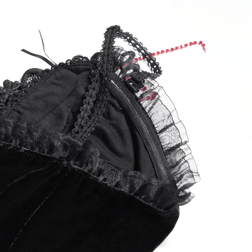 Gothic High-Low Velvet Dress with Lace Trim and Cross Charm