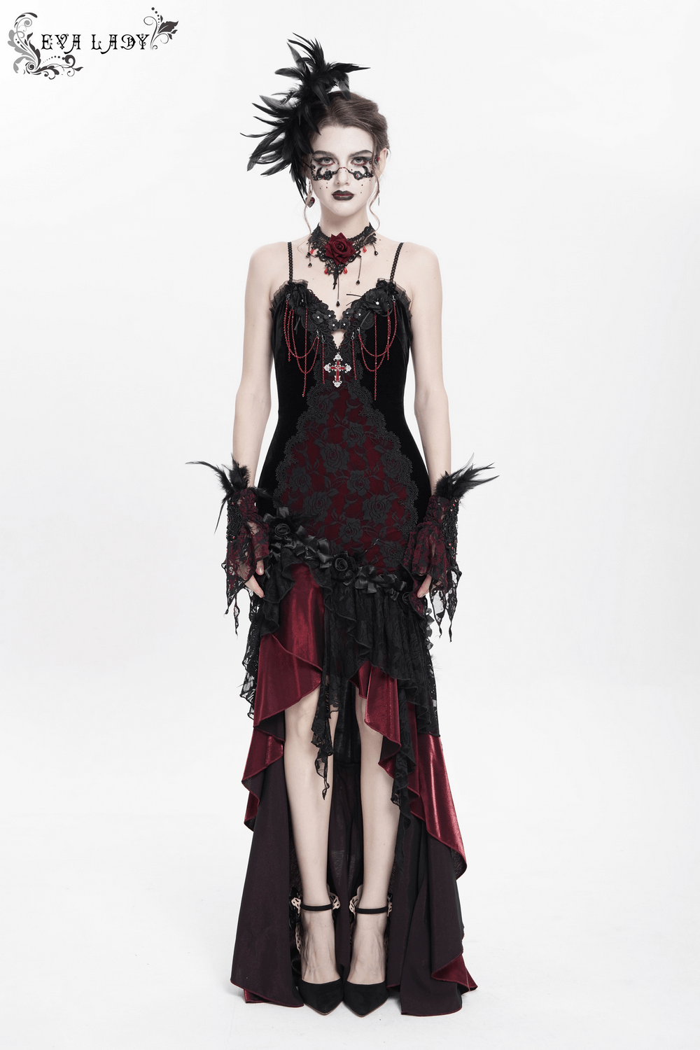 Gothic High-Low Velvet Dress with Lace Trim and Cross Charm