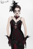 Gothic High-Low Velvet Dress with Lace Trim and Cross Charm