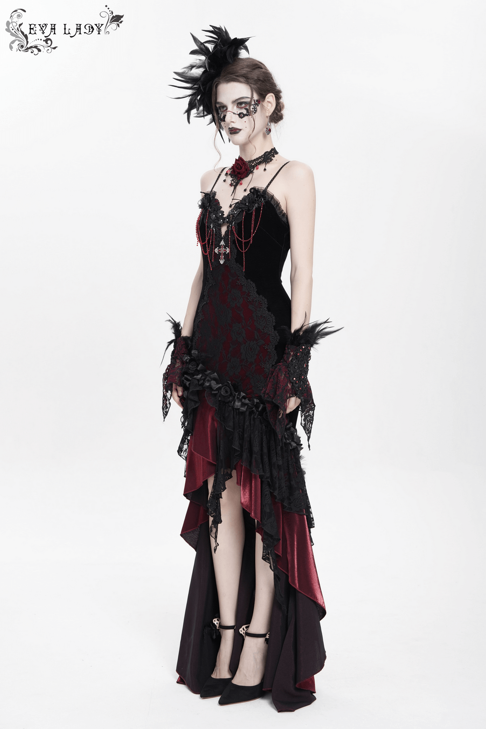 Gothic High-Low Velvet Dress with Lace Trim and Cross Charm
