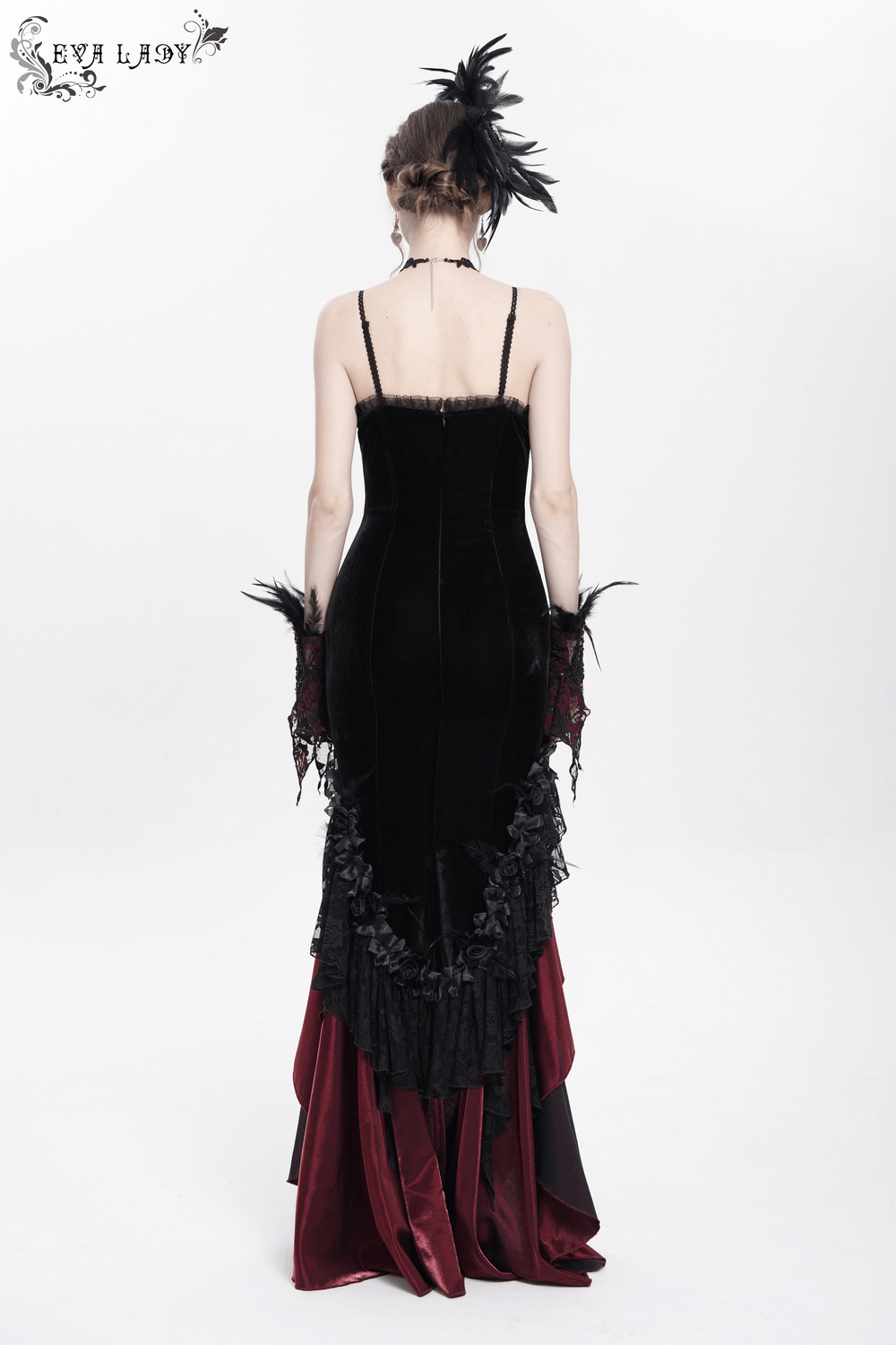 Gothic High-Low Velvet Dress with Lace Trim and Cross Charm