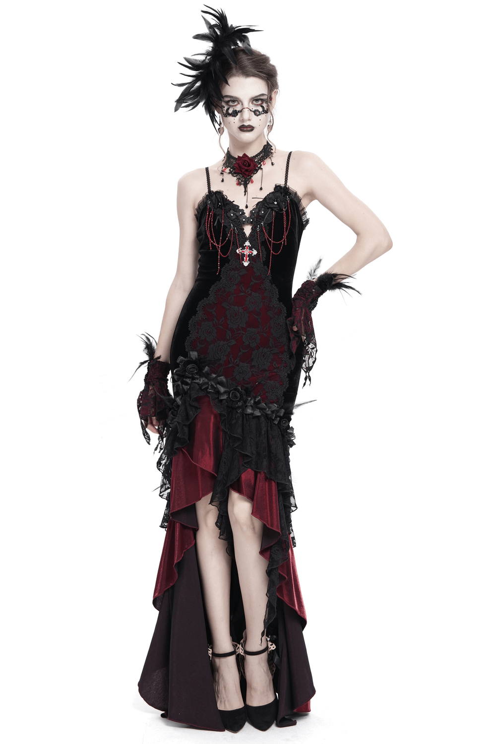 Gothic High-Low Velvet Dress with Lace Trim and Cross Charm