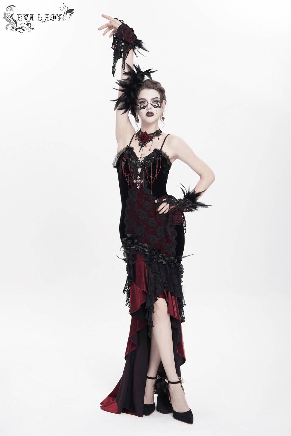 Gothic High-Low Velvet Dress with Lace Trim and Cross Charm