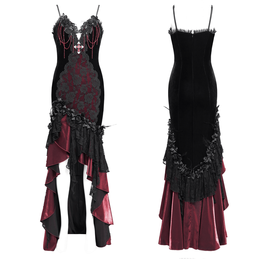 Gothic High-Low Velvet Dress with Lace Trim and Cross Charm