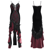 Gothic High-Low Velvet Dress with Lace Trim and Cross Charm