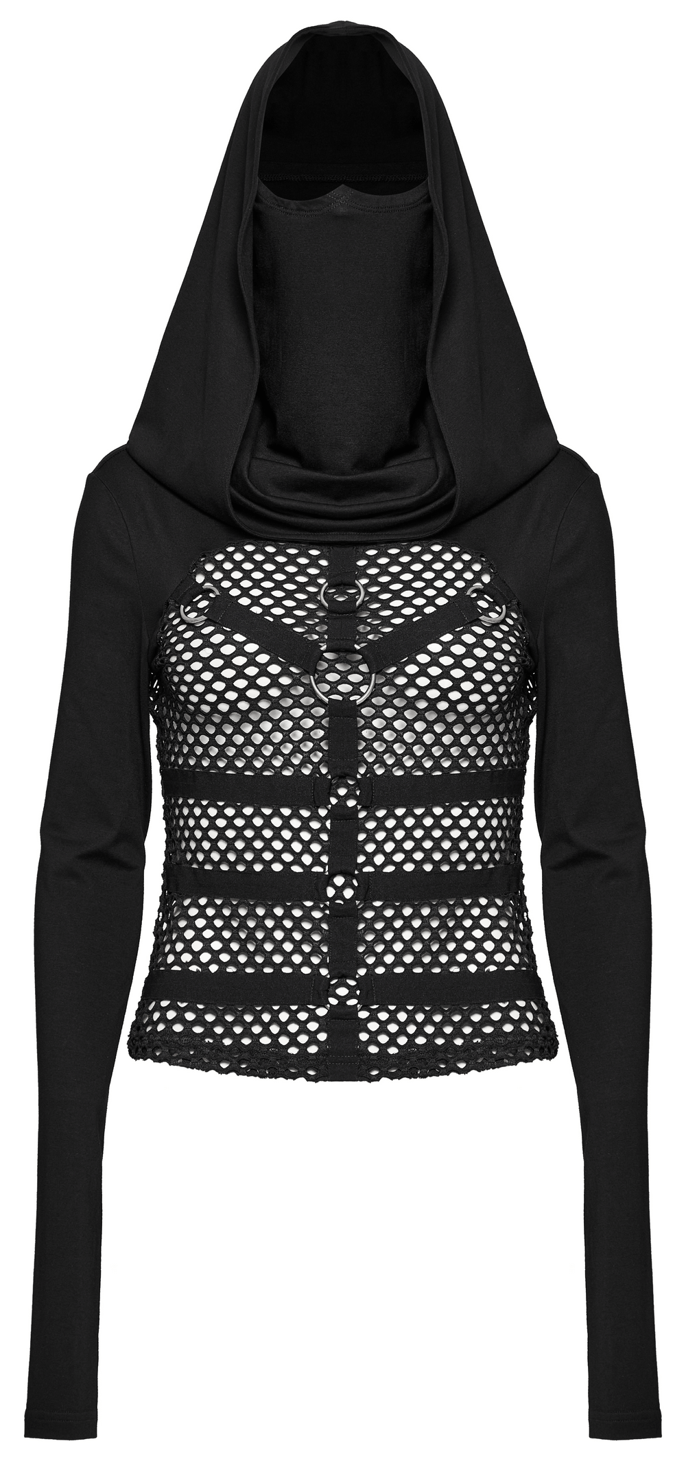 Gothic Hooded Mesh Top with Tall Collar and Metallic Details