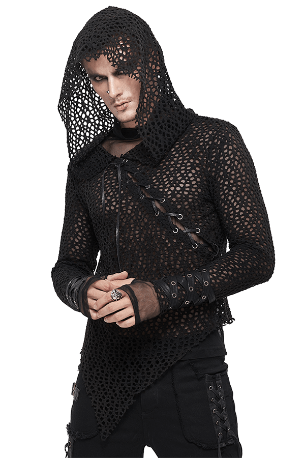 Gothic Hooded Net Top / Lace Mesh Long Sleeve Top for Men