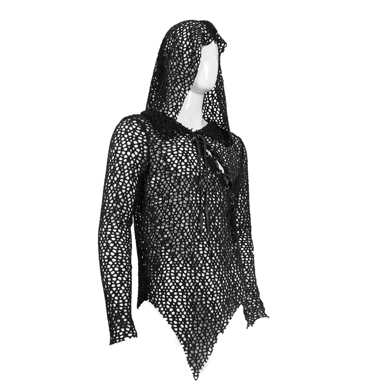 Gothic Hooded Net Top / Lace Mesh Long Sleeve Top for Men