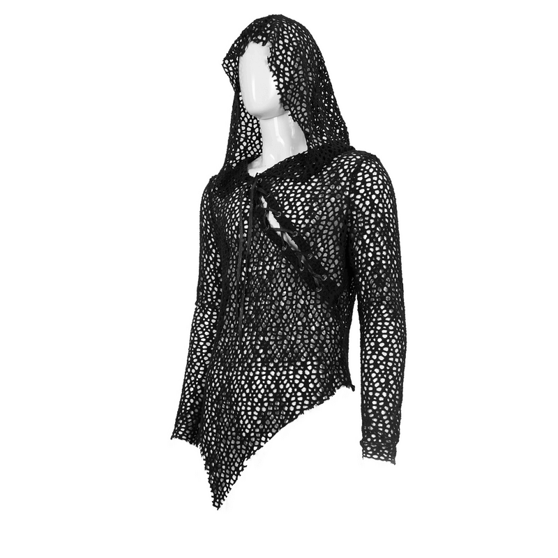 Gothic Hooded Net Top / Lace Mesh Long Sleeve Top for Men