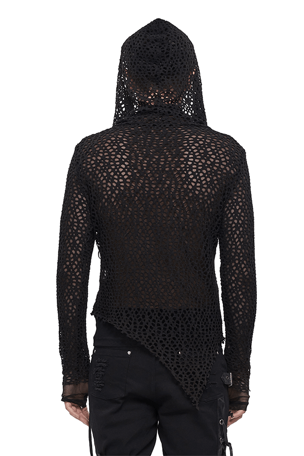 Gothic Hooded Net Top / Lace Mesh Long Sleeve Top for Men