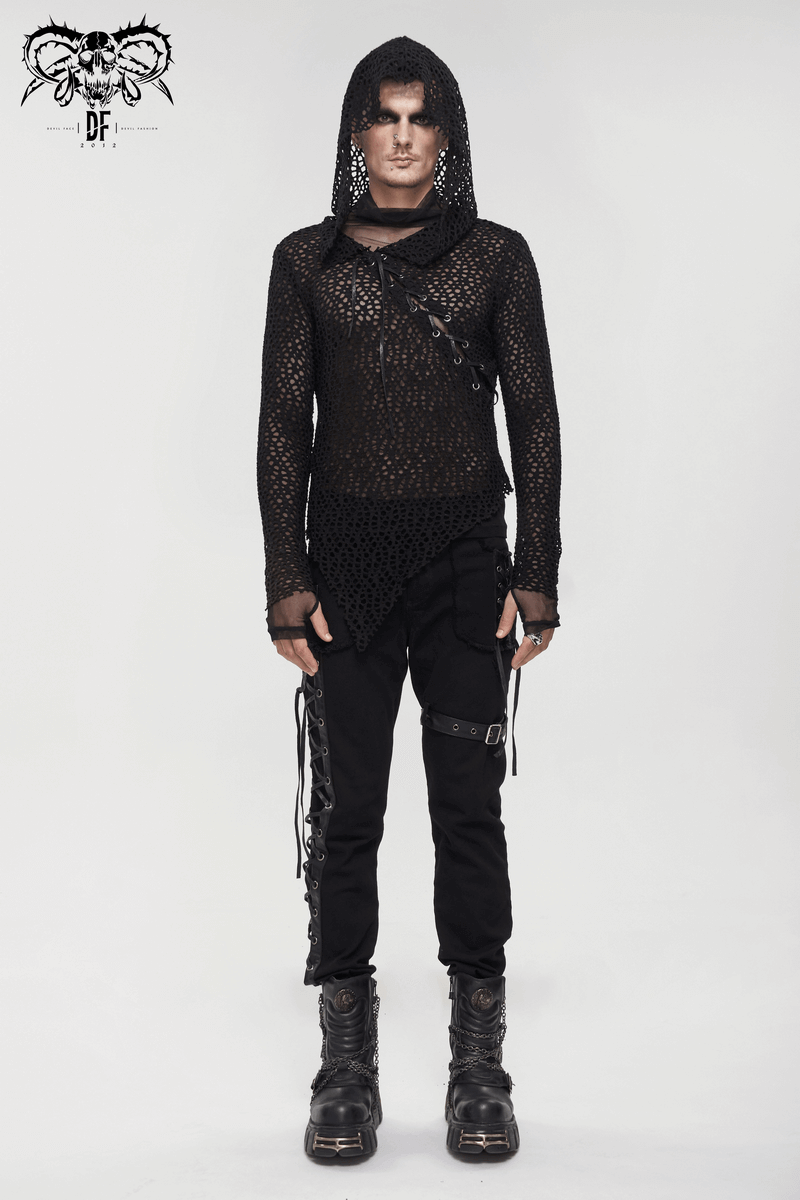 Gothic Hooded Net Top / Lace Mesh Long Sleeve Top for Men