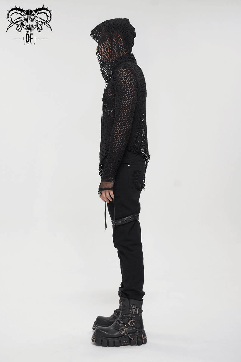 Gothic Hooded Net Top / Lace Mesh Long Sleeve Top for Men