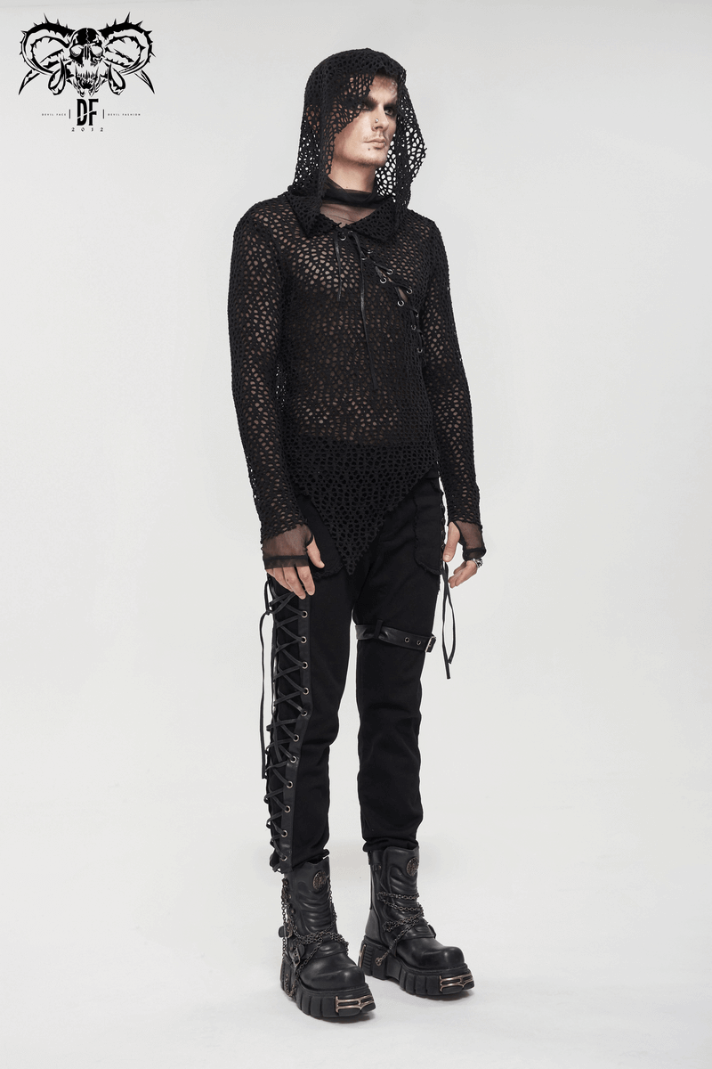 Gothic Hooded Net Top / Lace Mesh Long Sleeve Top for Men
