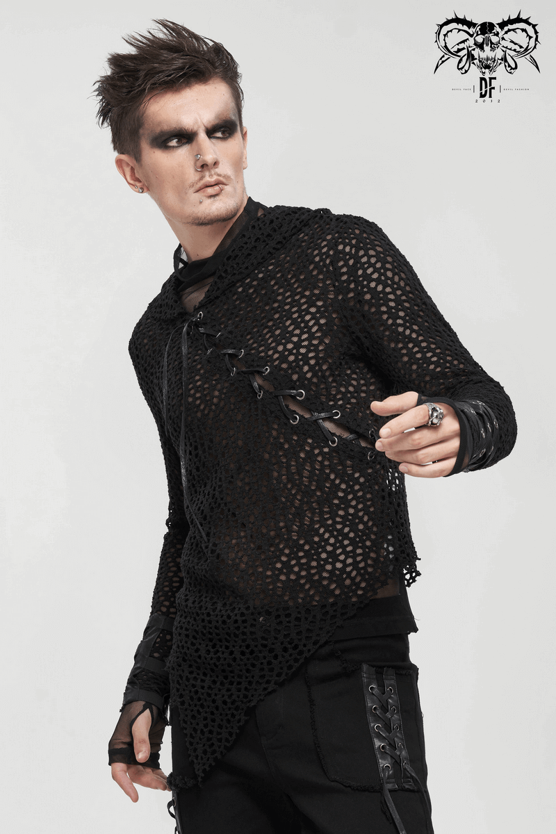 Gothic Hooded Net Top / Lace Mesh Long Sleeve Top for Men