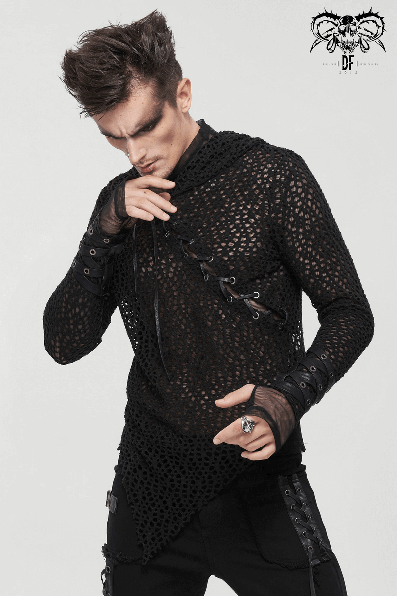 Gothic Hooded Net Top / Lace Mesh Long Sleeve Top for Men