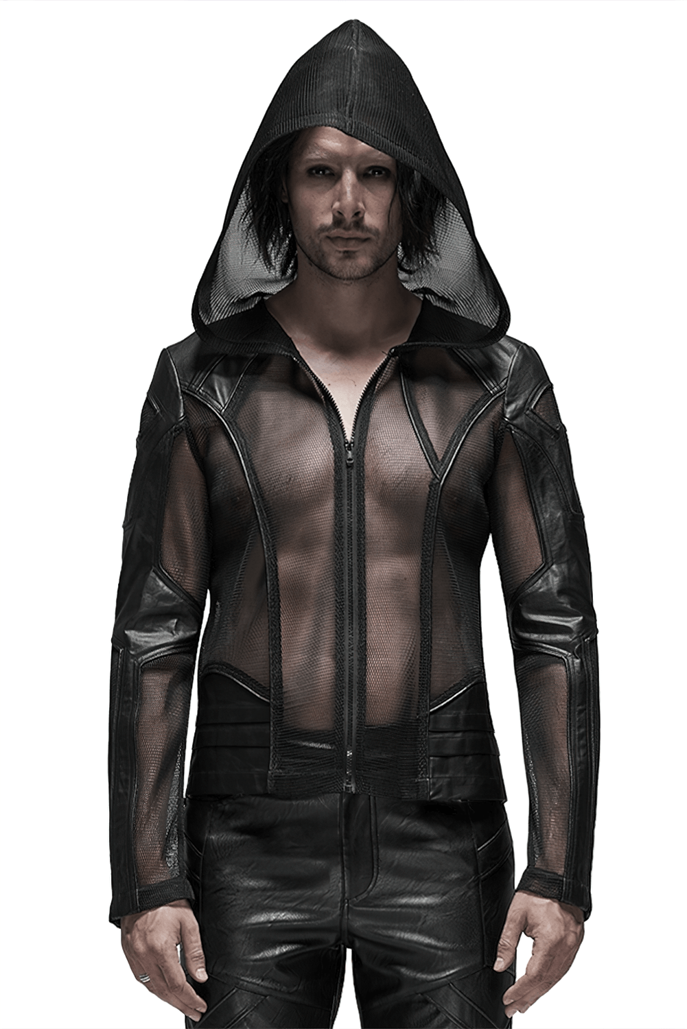 Gothic-Inspired Urban Leather Mesh Zip-Up Hoodie for Men