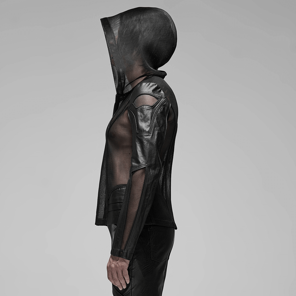 Gothic-Inspired Urban Leather Mesh Zip-Up Hoodie for Men