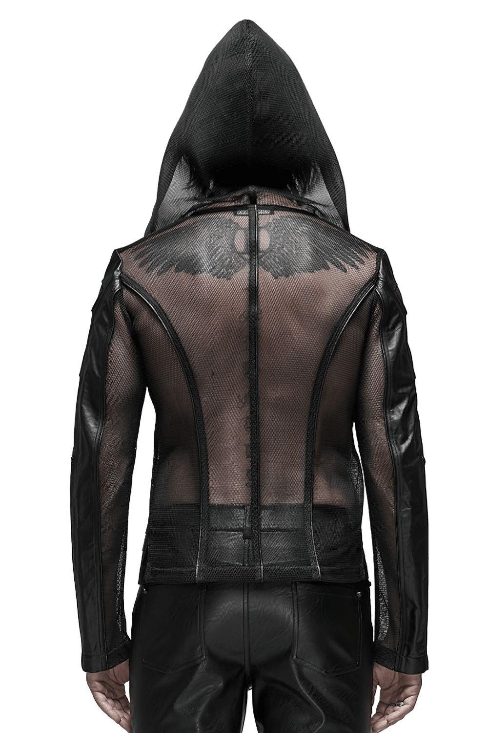 Gothic-Inspired Urban Leather Mesh Zip-Up Hoodie for Men