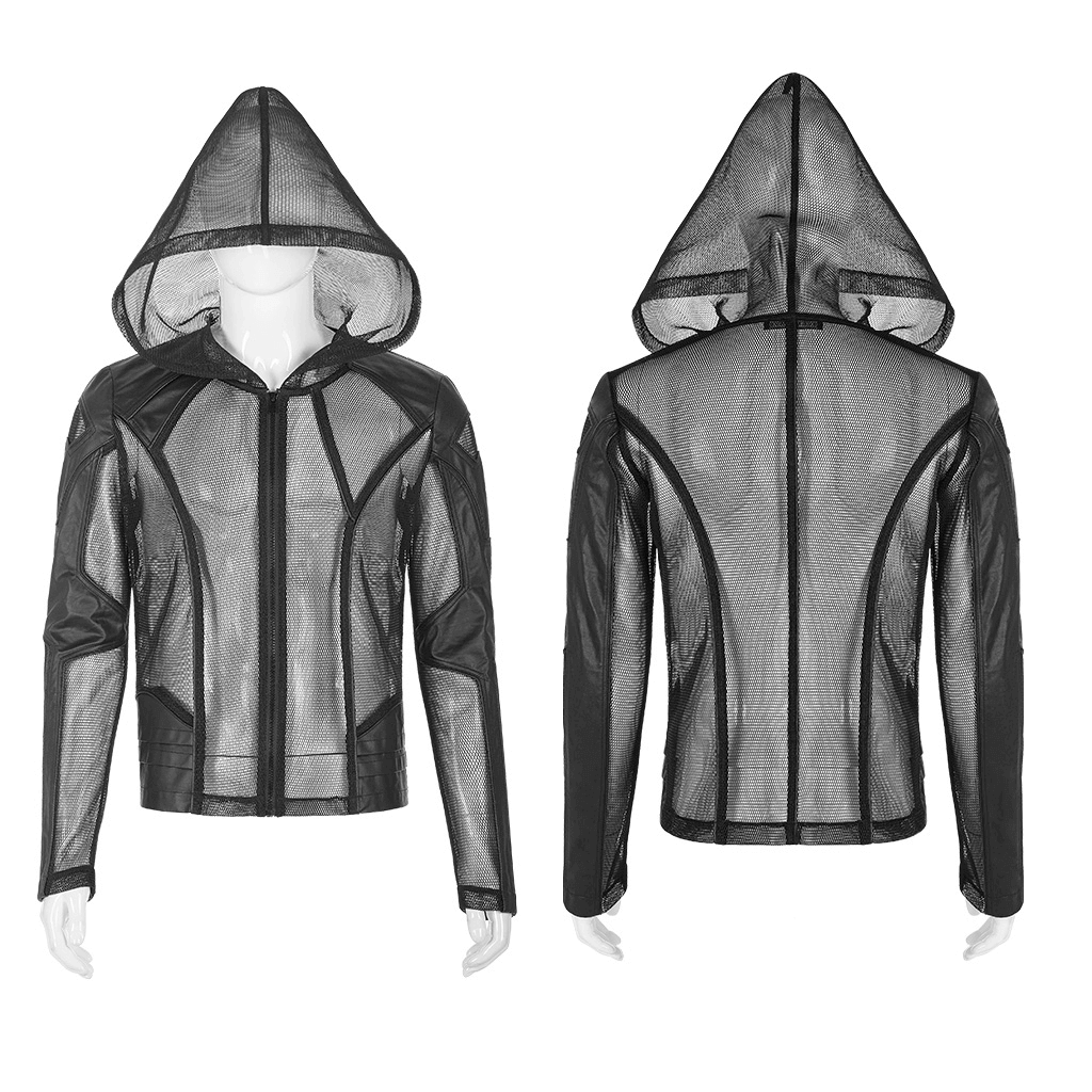 Gothic-Inspired Urban Leather Mesh Zip-Up Hoodie for Men