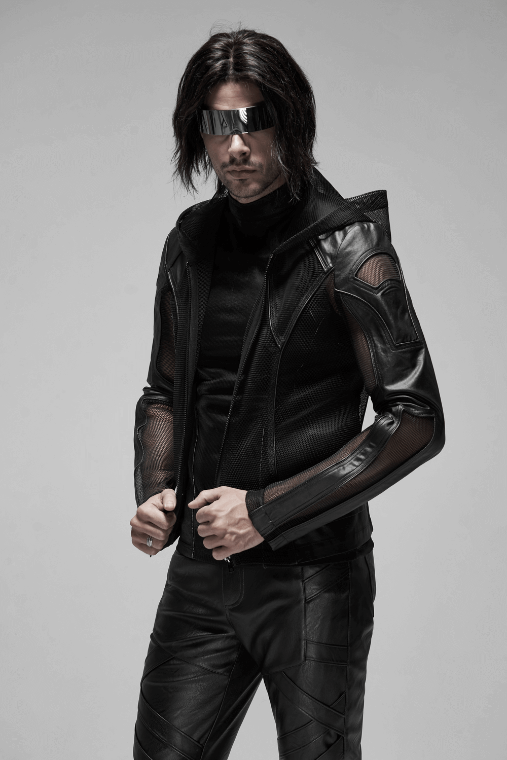 Gothic-Inspired Urban Leather Mesh Zip-Up Hoodie for Men
