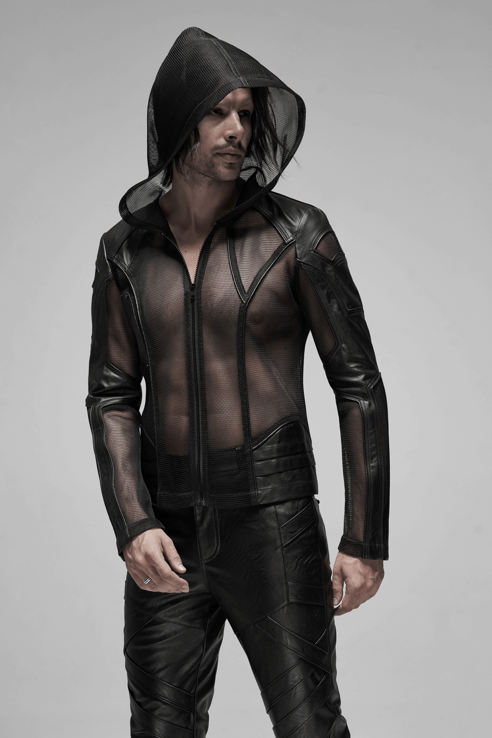 Gothic-Inspired Urban Leather Mesh Zip-Up Hoodie for Men