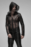 Gothic-Inspired Urban Leather Mesh Zip-Up Hoodie for Men