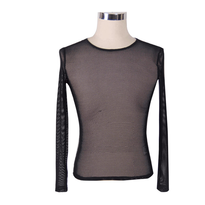 Men's Sexy Gothic Mesh Top: Steampunk O-Neck, Long Sleeves
