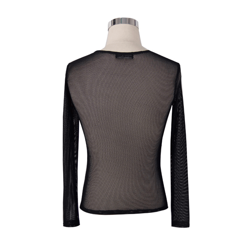 Men's Sexy Gothic Mesh Top: Steampunk O-Neck, Long Sleeves
