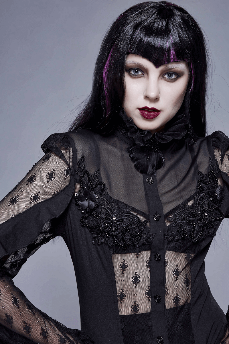 Gothic Lace Beading Blouse: Women's Shirt with Long Sleeve