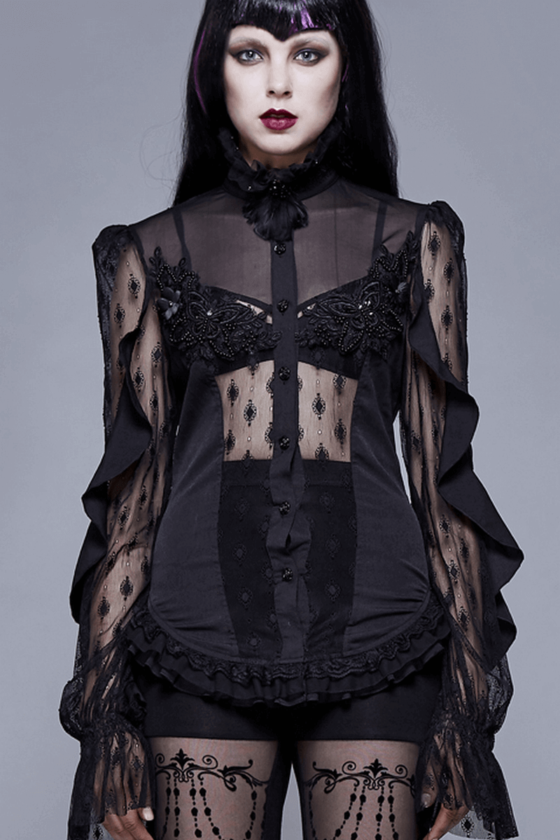 Gothic Lace Beading Blouse: Women's Shirt with Long Sleeve