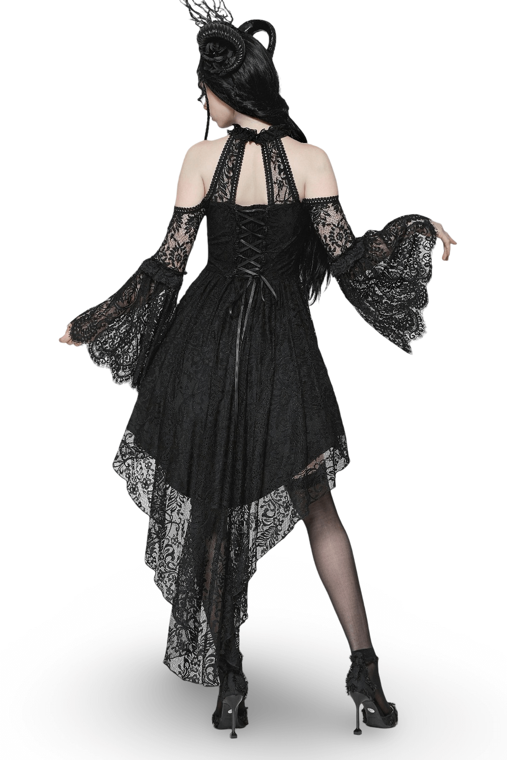 Gothic Lace Dress with Heart Cutouts and Ruffled Details