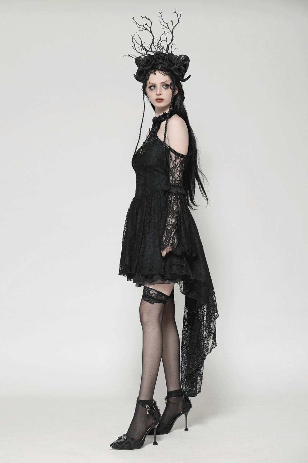 Gothic Lace Dress with Heart Cutouts and Ruffled Details