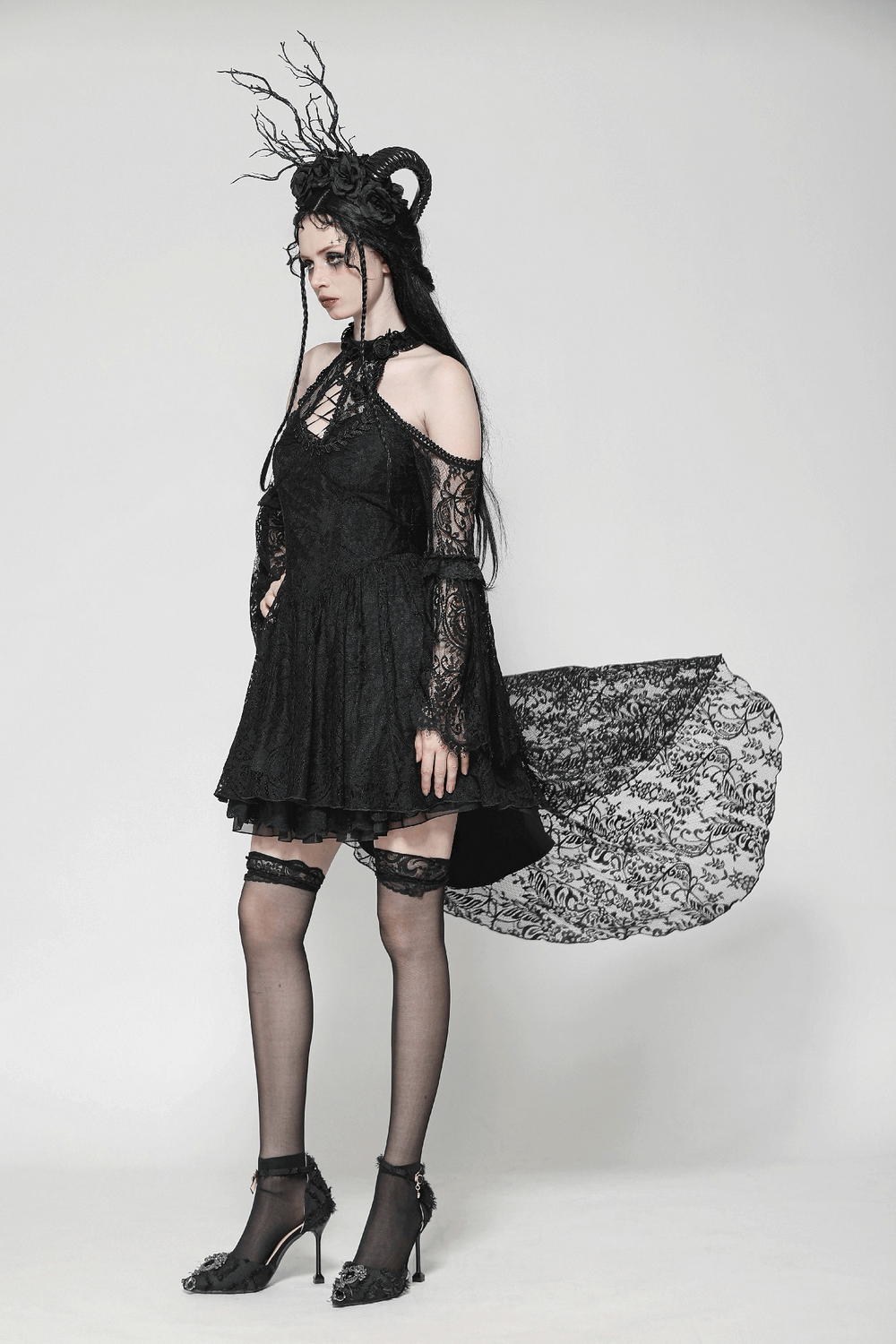 Gothic Lace Dress with Heart Cutouts and Ruffled Details
