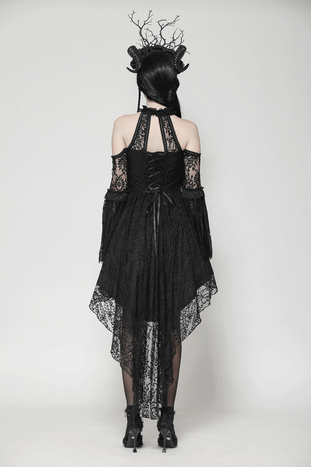 Gothic Lace Dress with Heart Cutouts and Ruffled Details