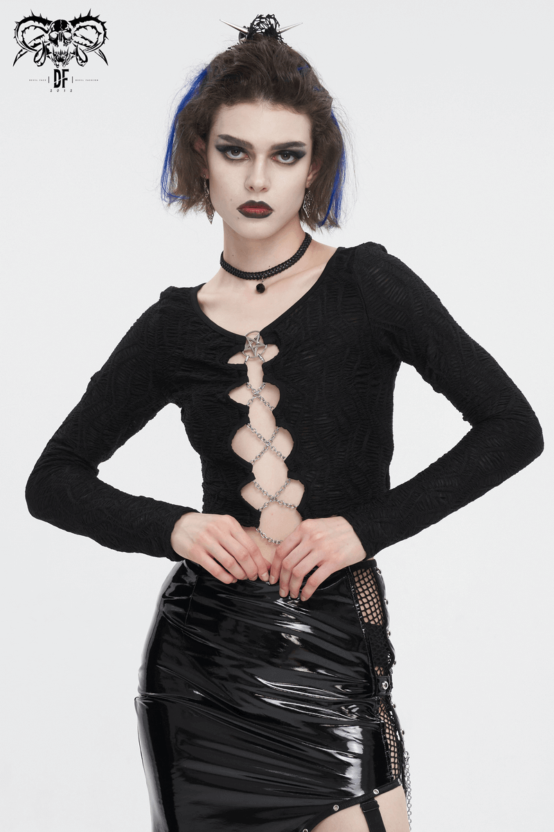 Gothic Lace-Up Black Crop Top With Sexy Cut-Outs
