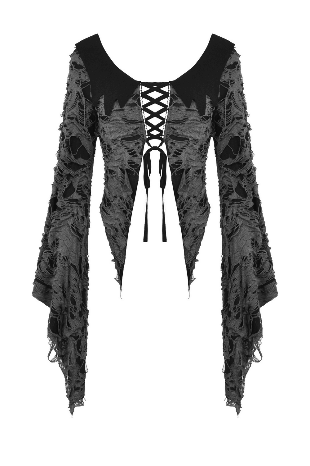 Gothic Lace-Up Top with Shredded Details and Bell Sleeves