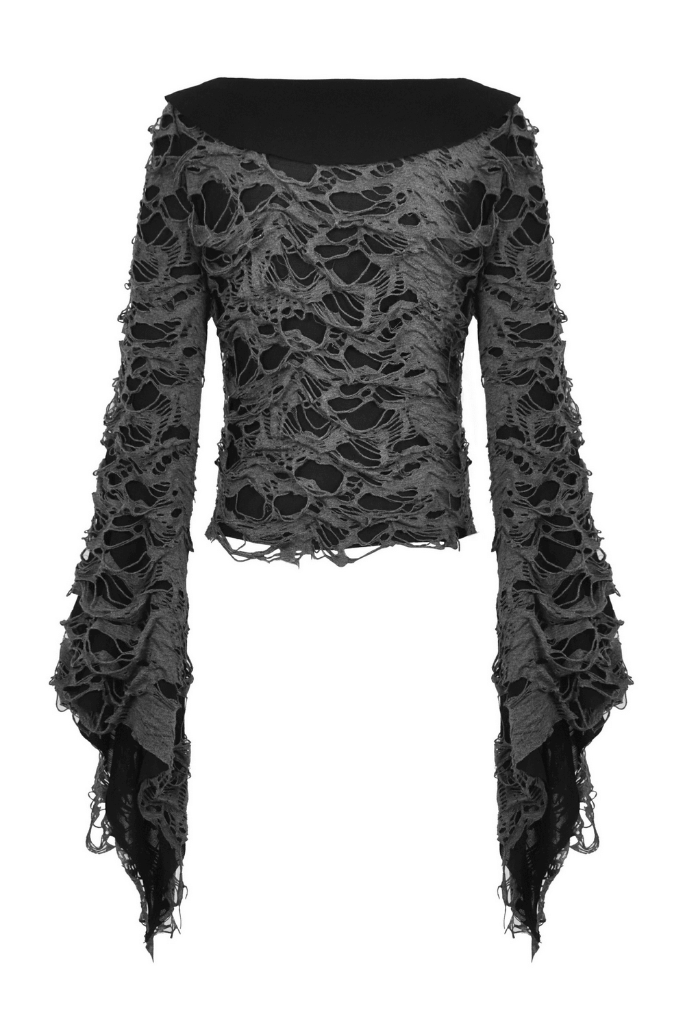 Gothic Lace-Up Top with Shredded Details and Bell Sleeves