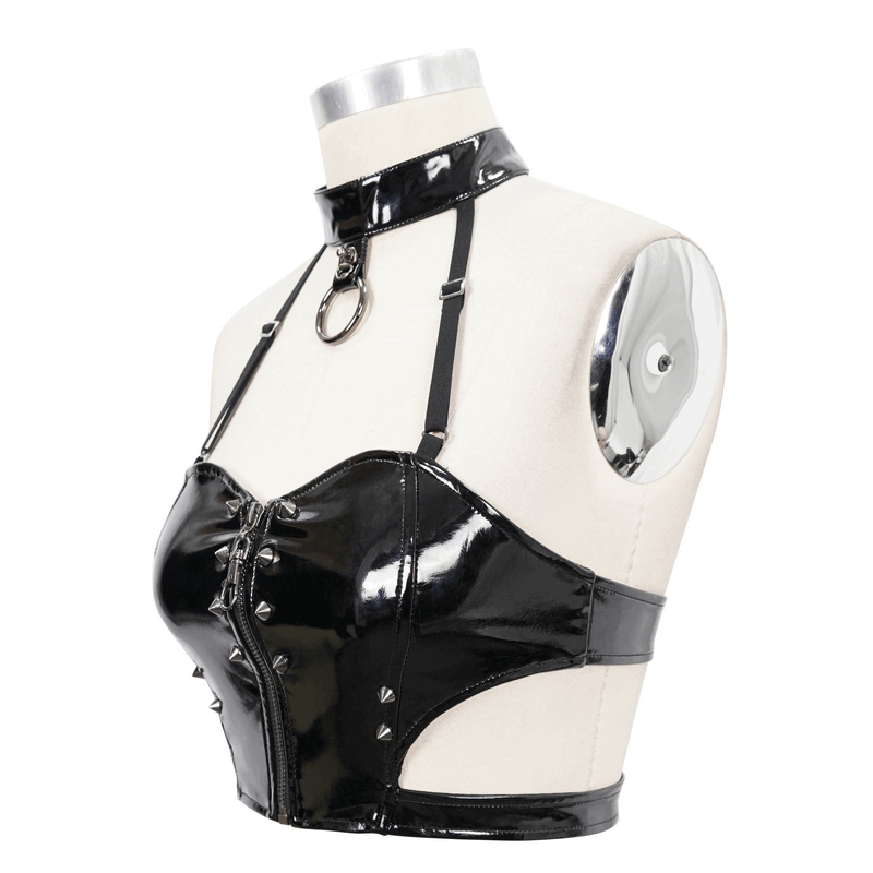 Gothic Leather Halter Top: Vinil Crop Top with Spiked Rivets