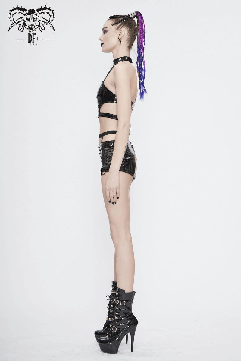 Gothic Leather Halter Top: Vinil Crop Top with Spiked Rivets