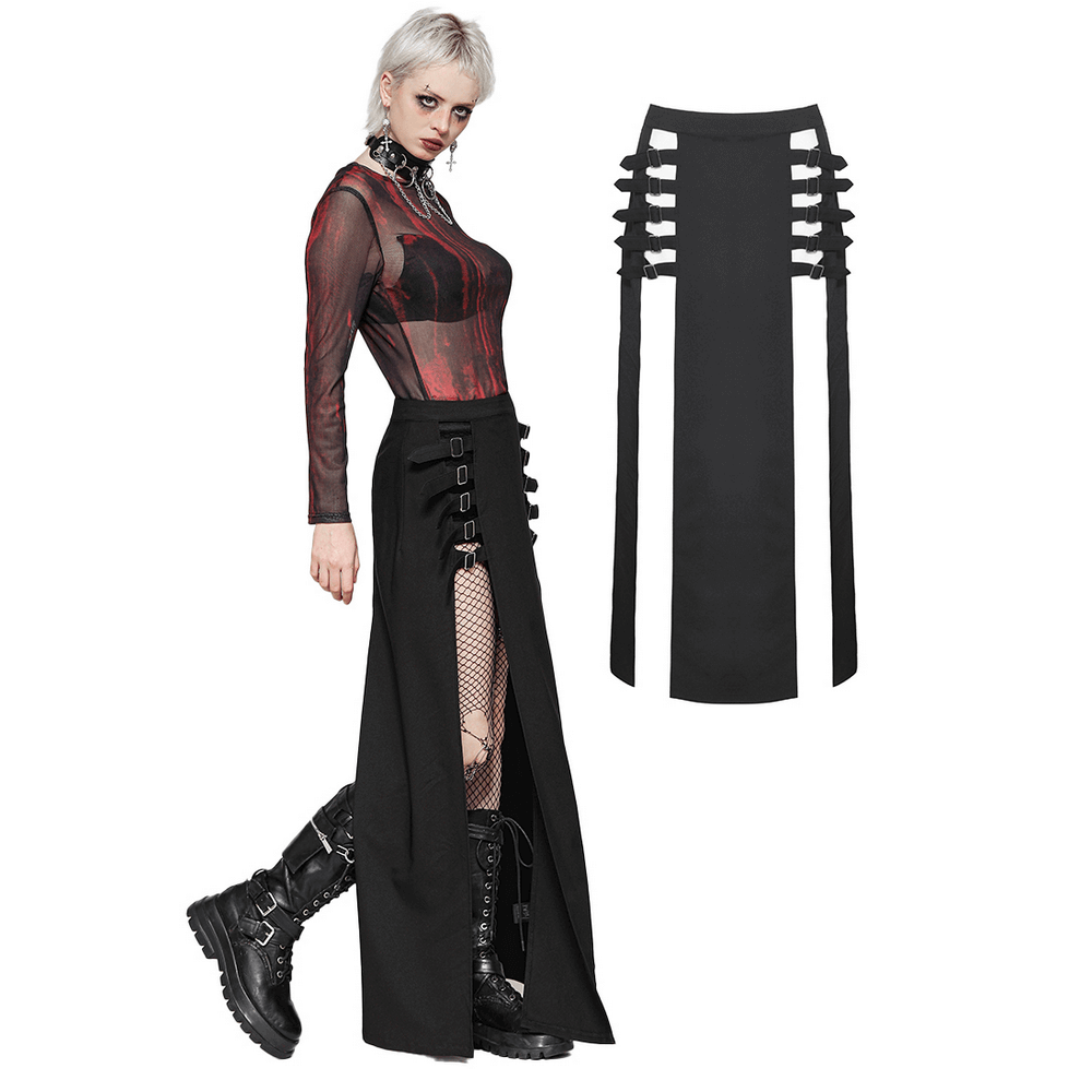 Gothic Maxi Skirt with Side Slits and Buckle Straps