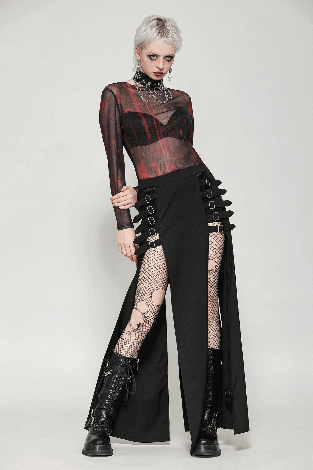 Gothic Maxi Skirt with Side Slits and Buckle Straps