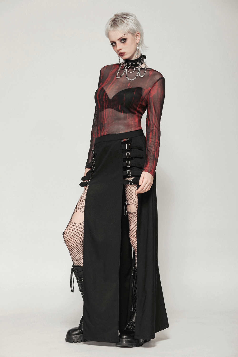 Gothic Maxi Skirt with Side Slits and Buckle Straps