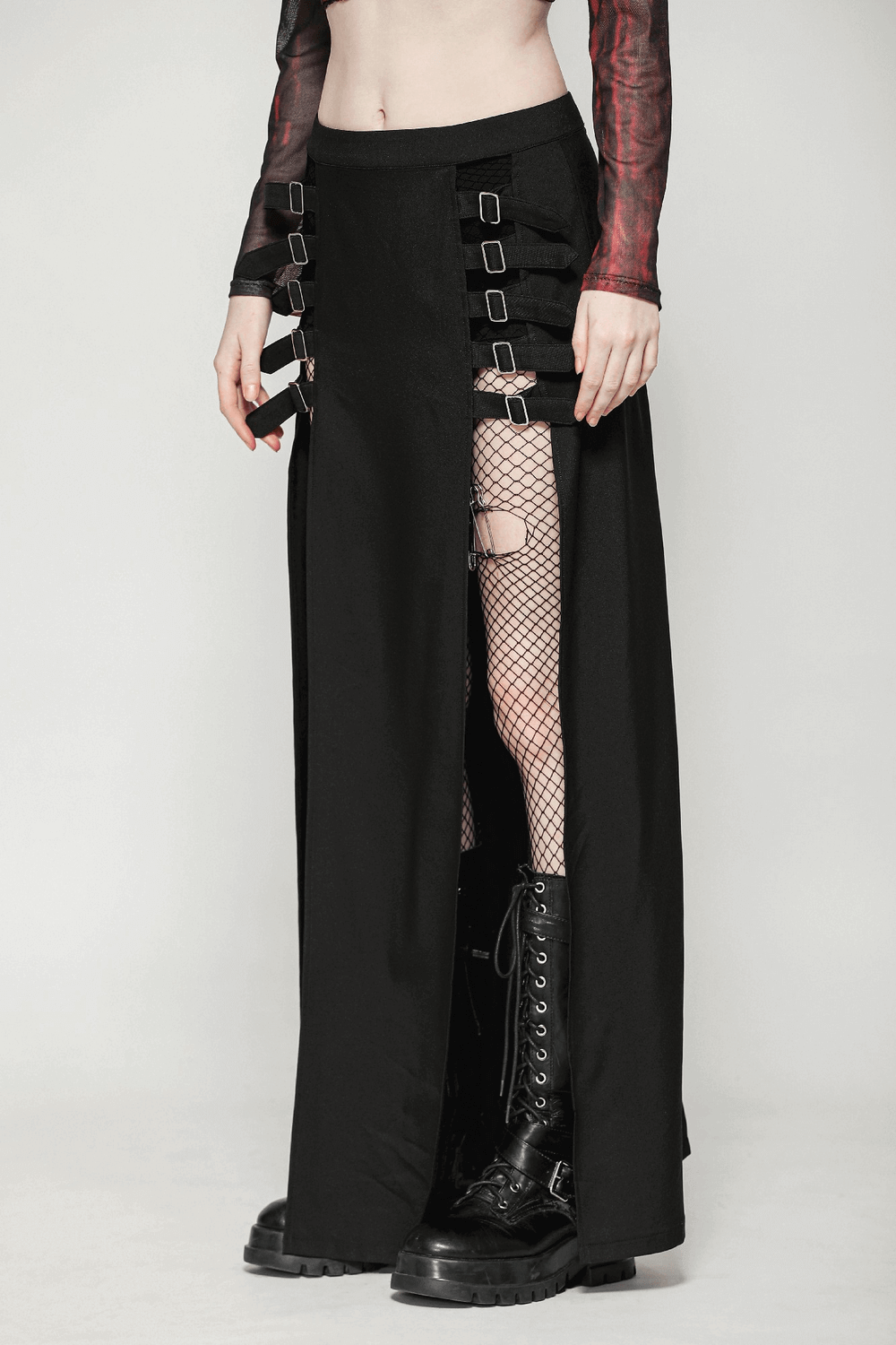 Gothic Maxi Skirt with Side Slits and Buckle Straps