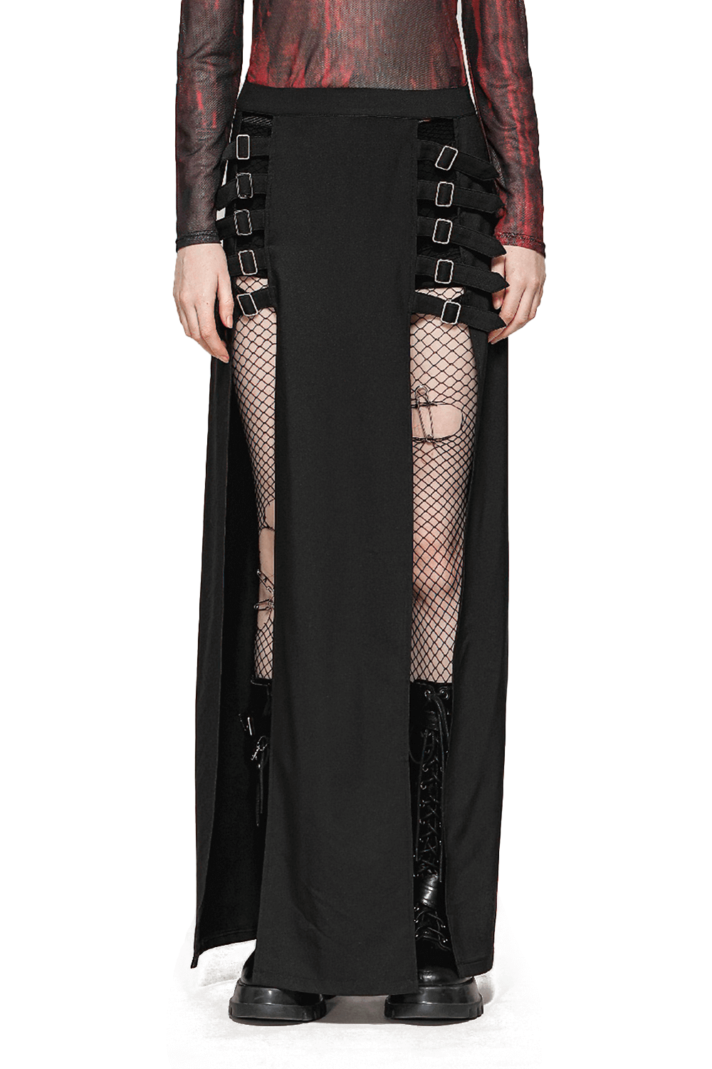 Gothic Maxi Skirt with Side Slits and Buckle Straps