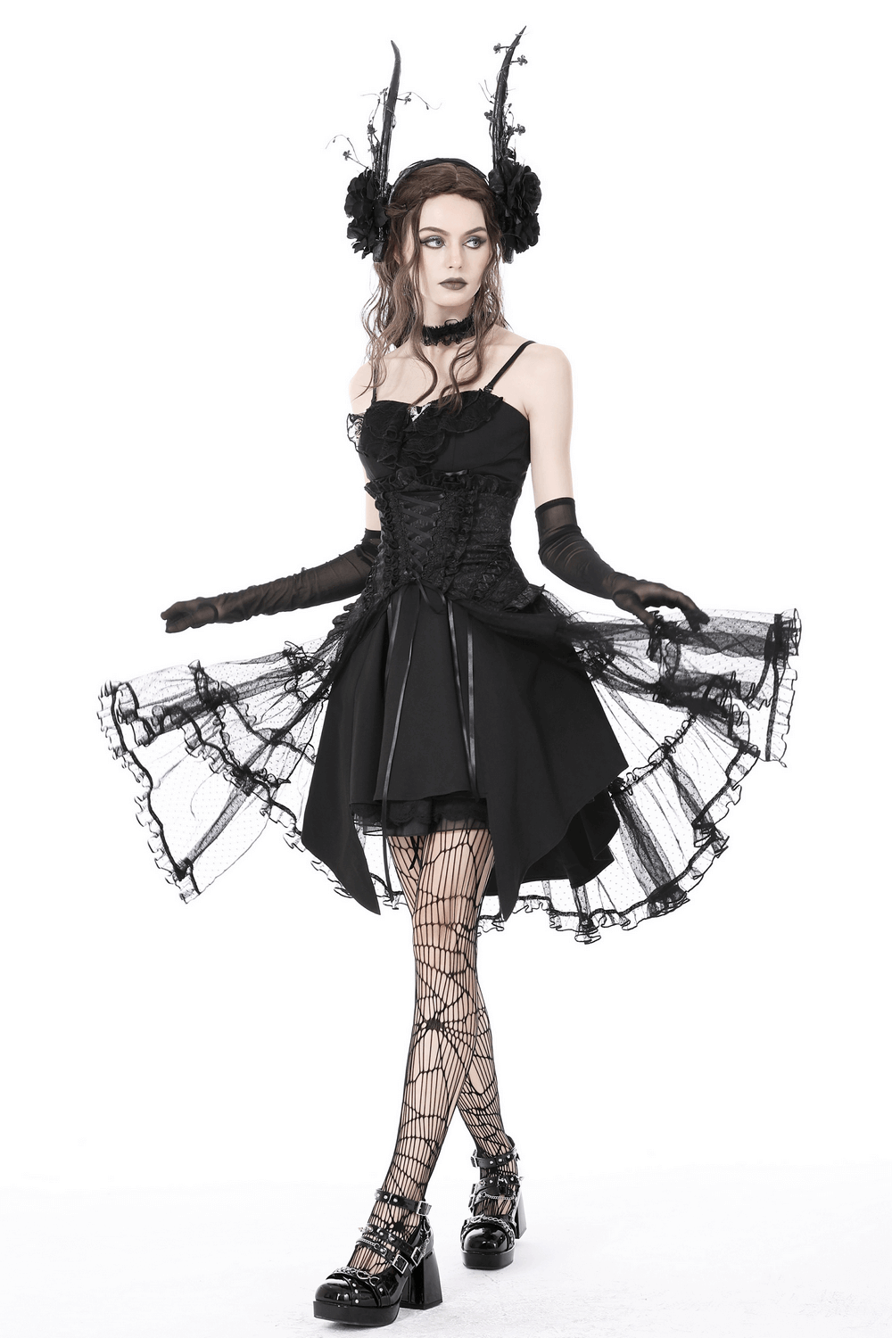 Gothic Mesh Skirt with Corset-Style Belt for Women