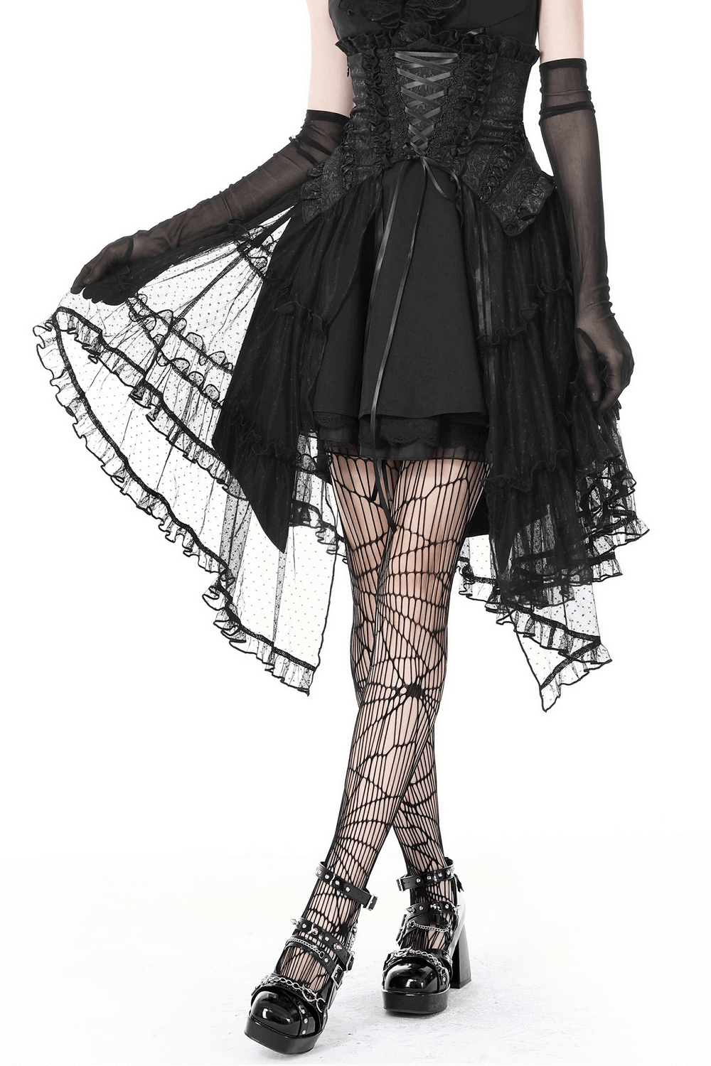 Gothic Mesh Skirt with Corset-Style Belt for Women